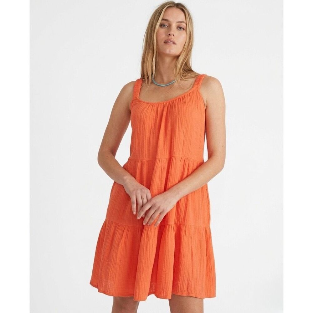 Marine Layer Coral Orange Double Gauze Tiered Boho Mini Dress Pockets Medium